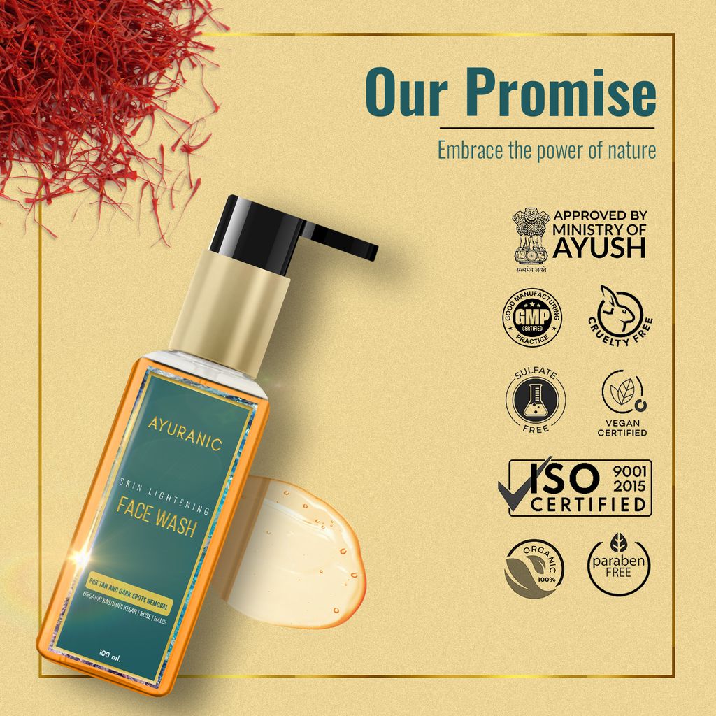 Ayuranic Tan & Dark Spot Removal Ayurvedic Face Wash for Glowing Skin | Enriched With Kashmiri Kesar Oil, Rose Water, Haldi | Approved by Ministry of Ayush | (11 Natural Herbs, 100 ml)