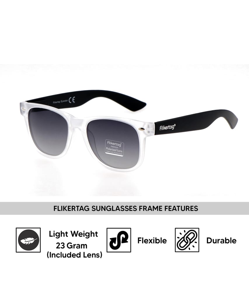 Flikertag Polarized Sunglasses With UV Protection For Men & Women | HD vision with Grey Gradient Lens [FTS 552 F3 Wayfarer Matte Transparent Frame with Smoke lens, 52mm]