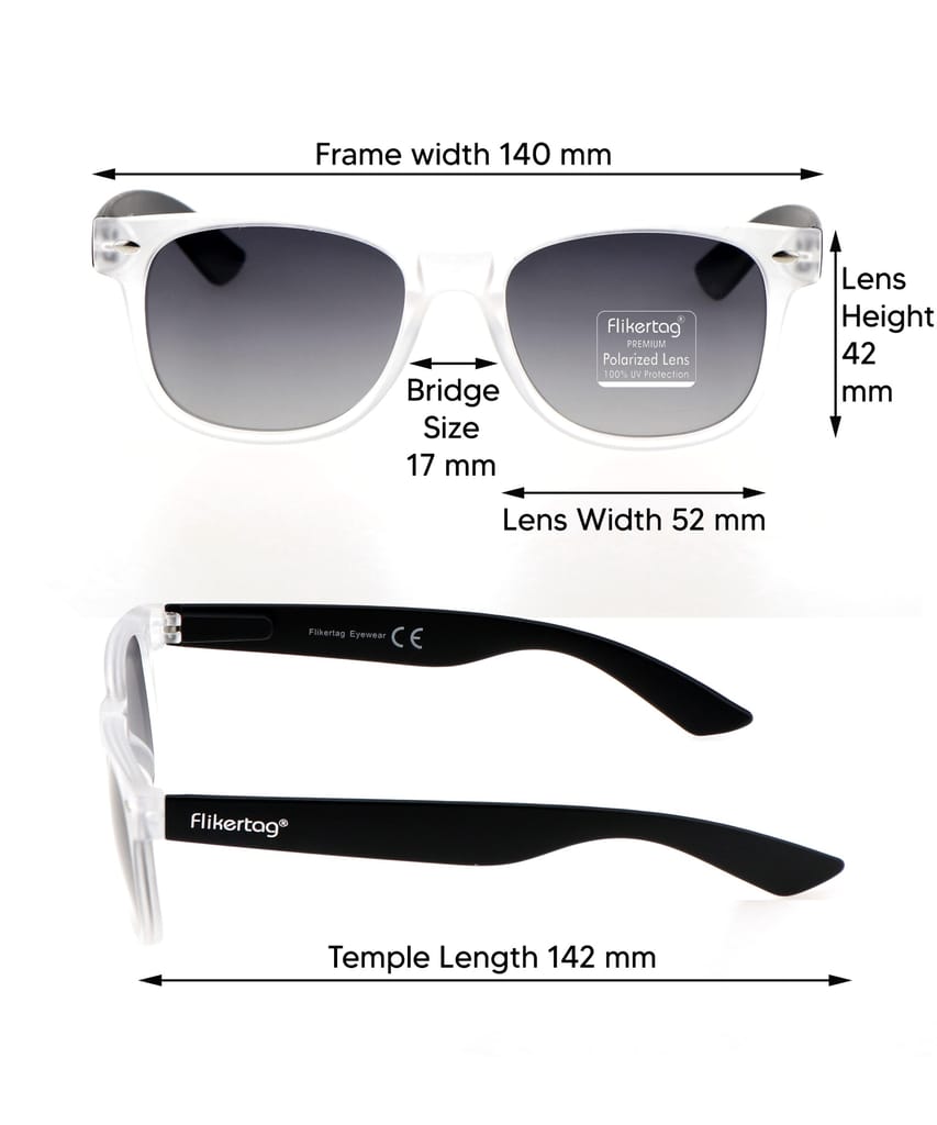 Flikertag Polarized Sunglasses With UV Protection For Men & Women | HD vision with Grey Gradient Lens [FTS 552 F3 Wayfarer Matte Transparent Frame with Smoke lens, 52mm]