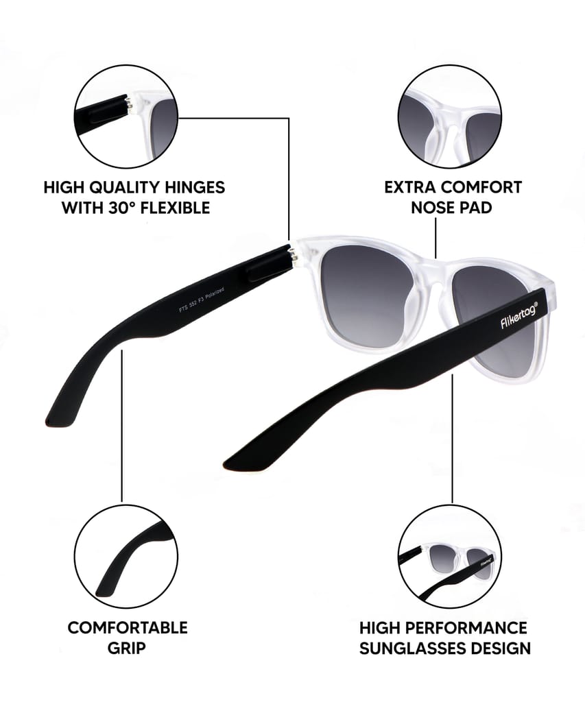 Flikertag Polarized Sunglasses With UV Protection For Men & Women | HD vision with Grey Gradient Lens [FTS 552 F3 Wayfarer Matte Transparent Frame with Smoke lens, 52mm]