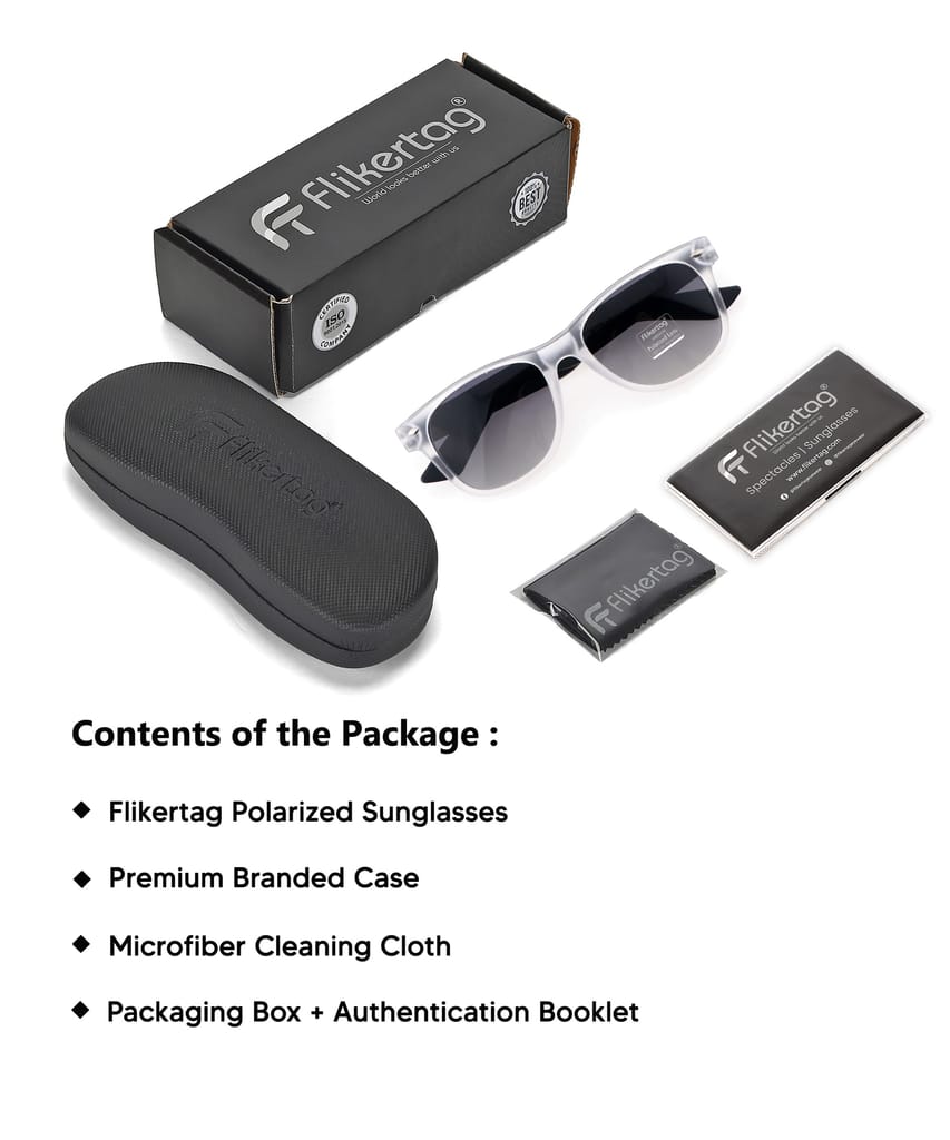 Flikertag Polarized Sunglasses With UV Protection For Men & Women | HD vision with Grey Gradient Lens [FTS 552 F3 Wayfarer Matte Transparent Frame with Smoke lens, 52mm]