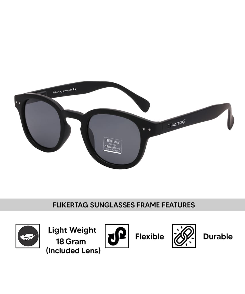 Flikertag Polarized Sunglasses With UV Protection For Men & Women | HD vision with Grey Lens [FTS 551 F1 Round Matte Black Frame with Smoke lens, 49mm]