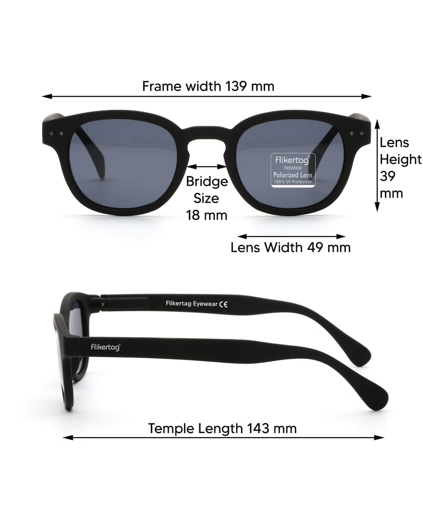 Flikertag Polarized Sunglasses With UV Protection For Men & Women | HD vision with Grey Lens [FTS 551 F1 Round Matte Black Frame with Smoke lens, 49mm]