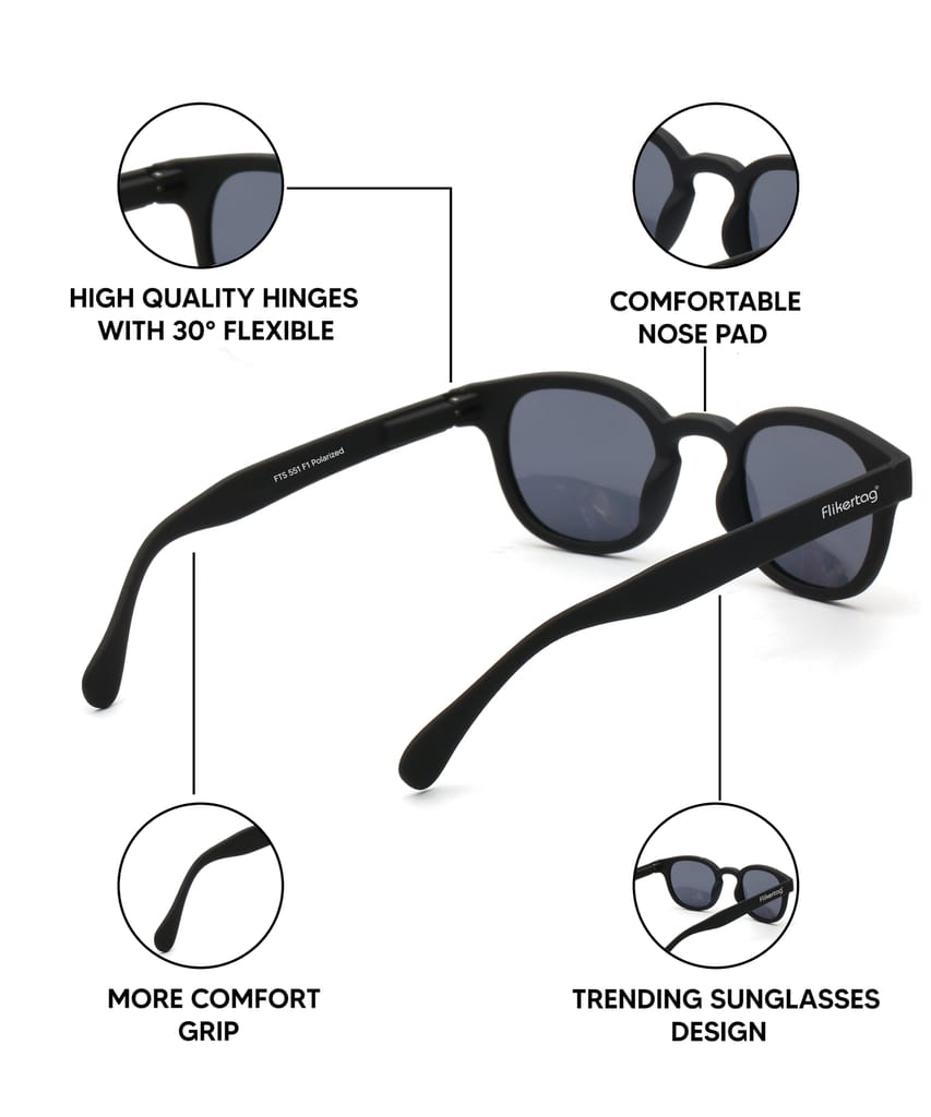 Flikertag Polarized Sunglasses With UV Protection For Men & Women | HD vision with Grey Lens [FTS 551 F1 Round Matte Black Frame with Smoke lens, 49mm]