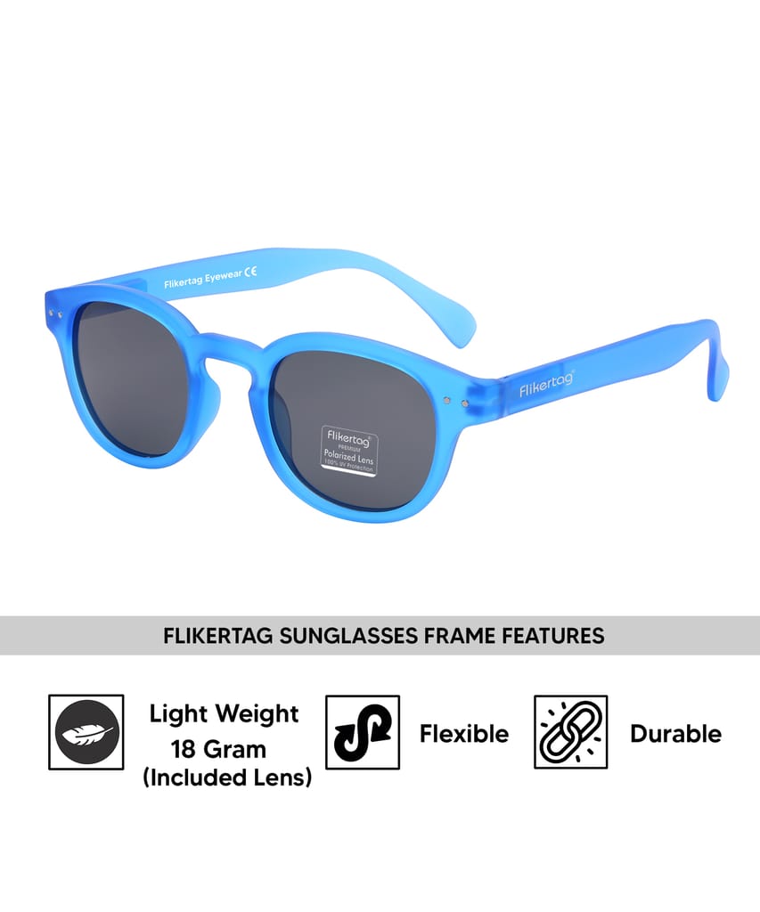 Flikertag Polarized Sunglasses With UV Protection For Men & Women | HD vision with Grey Lens [FTS 551 F2 Round Matte Blue Frame with Smoke lens, 49mm]