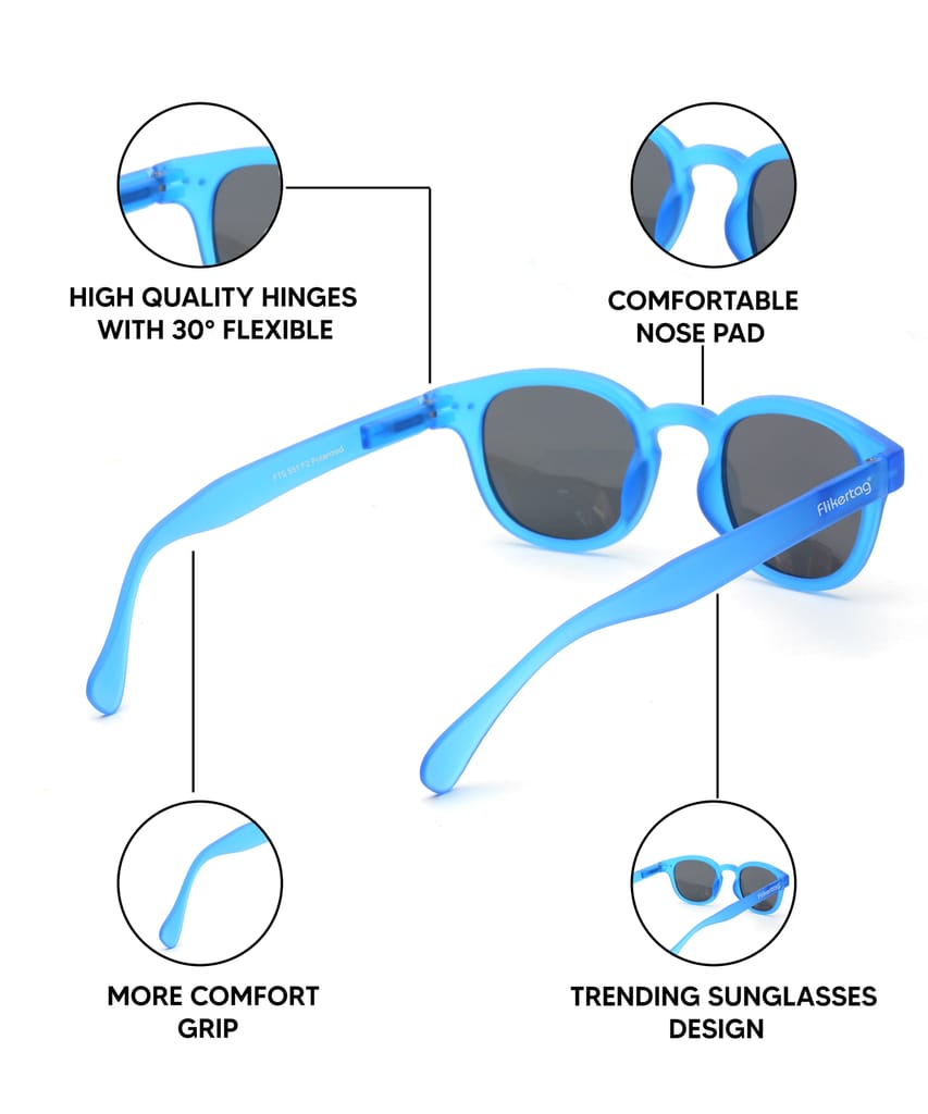 Flikertag Polarized Sunglasses With UV Protection For Men & Women | HD vision with Grey Lens [FTS 551 F2 Round Matte Blue Frame with Smoke lens, 49mm]