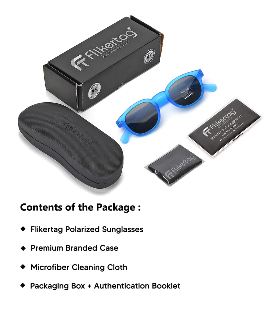 Flikertag Polarized Sunglasses With UV Protection For Men & Women | HD vision with Grey Lens [FTS 551 F2 Round Matte Blue Frame with Smoke lens, 49mm]