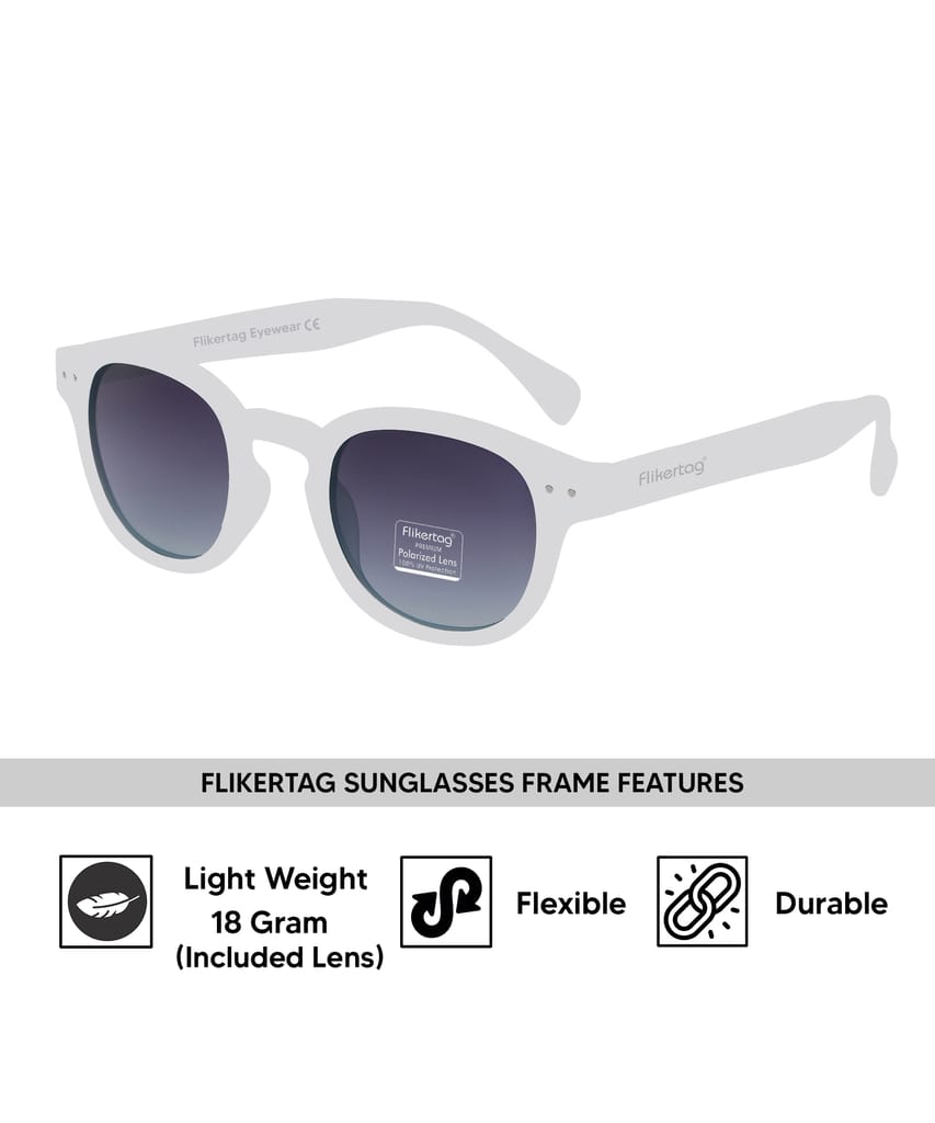 Flikertag Polarized Sunglasses With UV Protection For Men & Women | HD vision with Grey Gradient Lens [FTS 551 F3 Round Matte Transparent Frame with Smoke lens, 49mm]