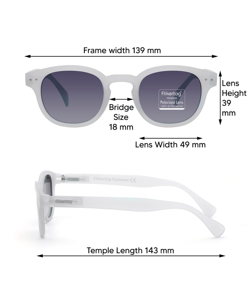 Flikertag Polarized Sunglasses With UV Protection For Men & Women | HD vision with Grey Gradient Lens [FTS 551 F3 Round Matte Transparent Frame with Smoke lens, 49mm]