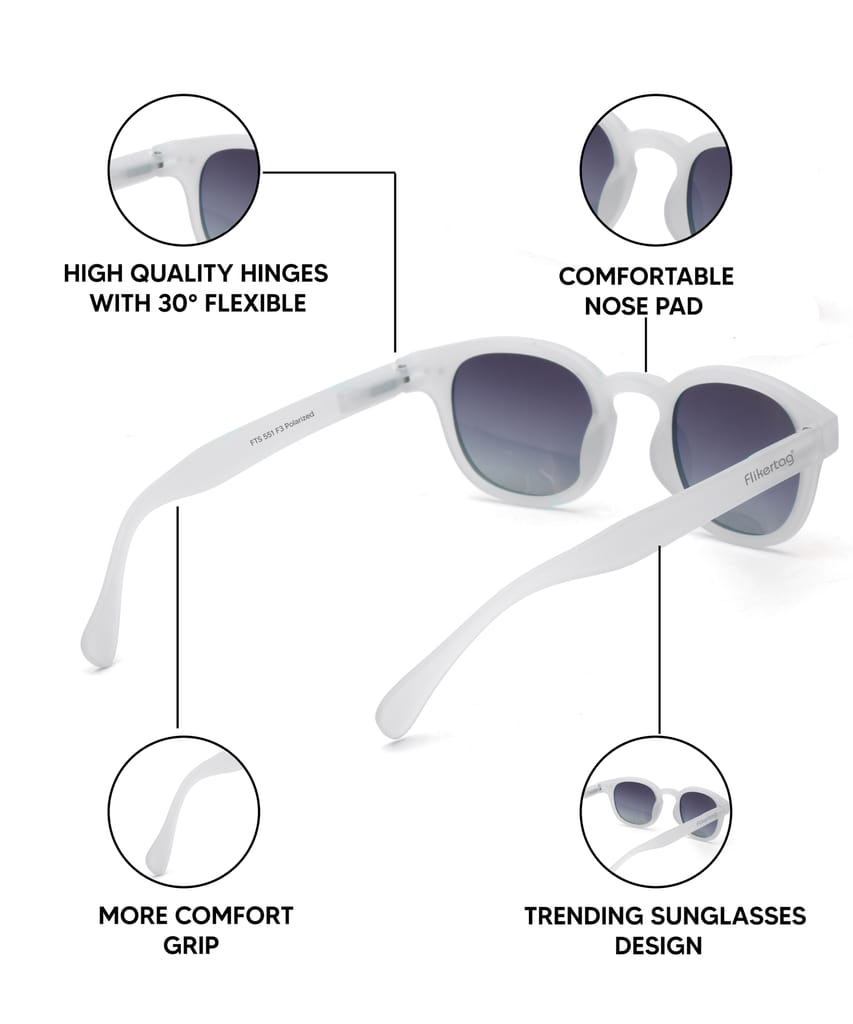 Flikertag Polarized Sunglasses With UV Protection For Men & Women | HD vision with Grey Gradient Lens [FTS 551 F3 Round Matte Transparent Frame with Smoke lens, 49mm]
