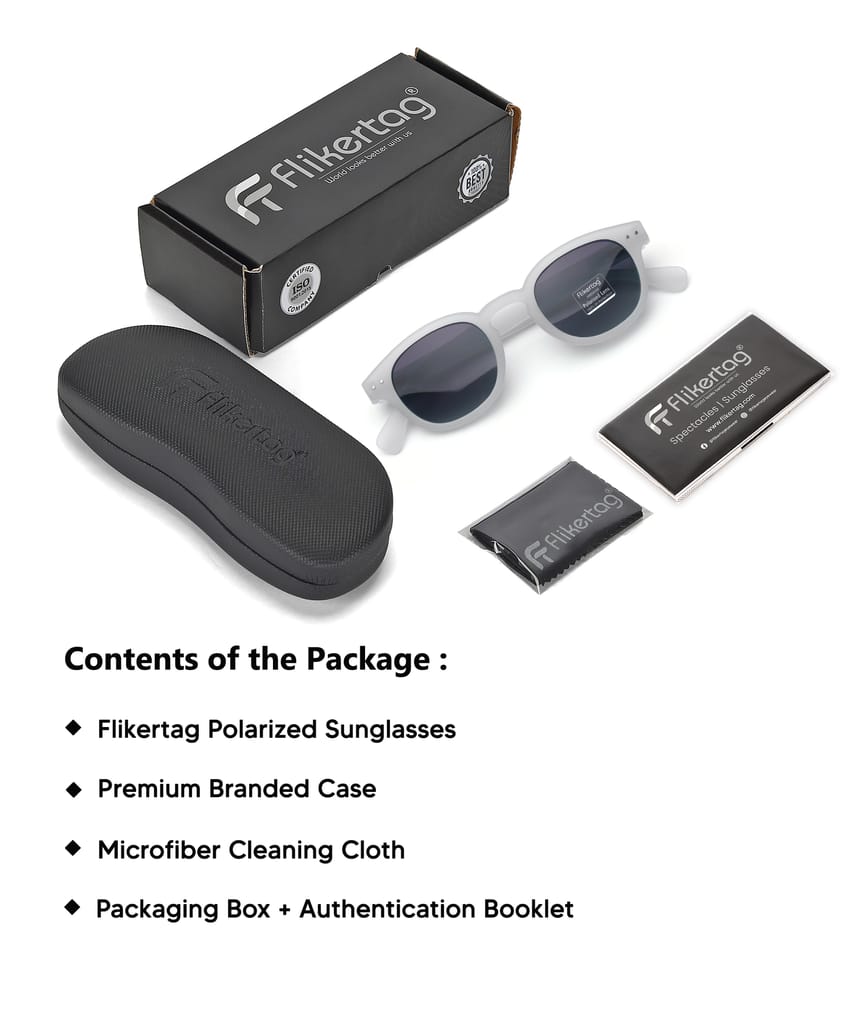 Flikertag Polarized Sunglasses With UV Protection For Men & Women | HD vision with Grey Gradient Lens [FTS 551 F3 Round Matte Transparent Frame with Smoke lens, 49mm]