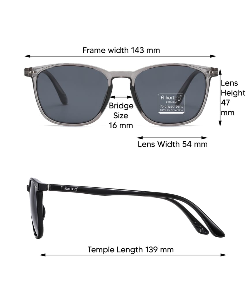 Flikertag Polarized Sunglasses With UV Protection For Men & Women | HD Vision with Grey Lens  [FTS 561 F3 Square/Wayfarer Shiny Grey Frame with Smoke lens, 54mm]