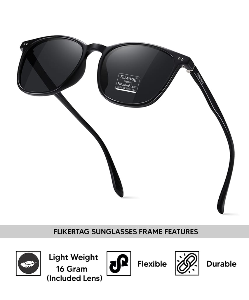 Flikertag Polarized Sunglasses With UV Protection For Men & Women | HD Vision with Grey Lens  [FTS 561 F3 Square/Wayfarer Shiny Grey Frame with Smoke lens, 54mm]