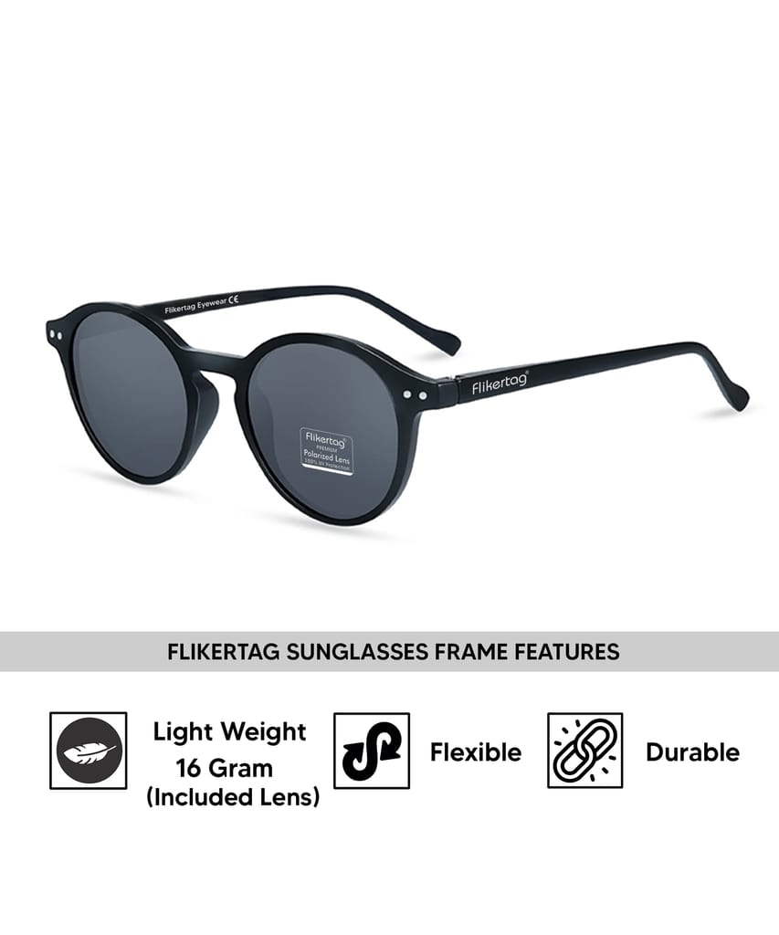 Flikertag Polarized Sunglasses With UV Protection For Men & Women | HD vision with Grey Lens [FTS 565 F1 Round Matte Black Frame with Smoke lens, 50mm]