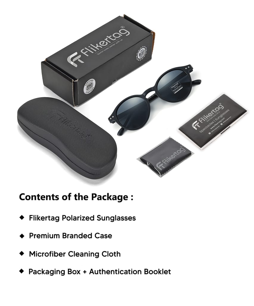 Flikertag Polarized Sunglasses With UV Protection For Men & Women | HD vision with Grey Lens [FTS 565 F1 Round Matte Black Frame with Smoke lens, 50mm]