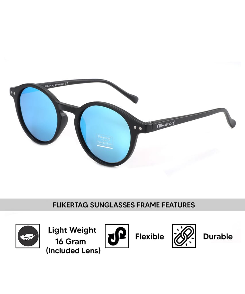 Flikertag Polarized Sunglasses With UV Protection For Men & Women | HD vision with Blue Lens [FTS 565 F2 Round Matte Black Frame with Mirrored Blue lens, 50mm]