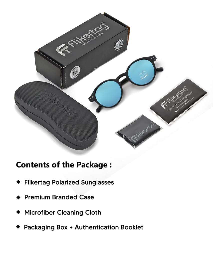 Flikertag Polarized Sunglasses With UV Protection For Men & Women | HD vision with Blue Lens [FTS 565 F2 Round Matte Black Frame with Mirrored Blue lens, 50mm]