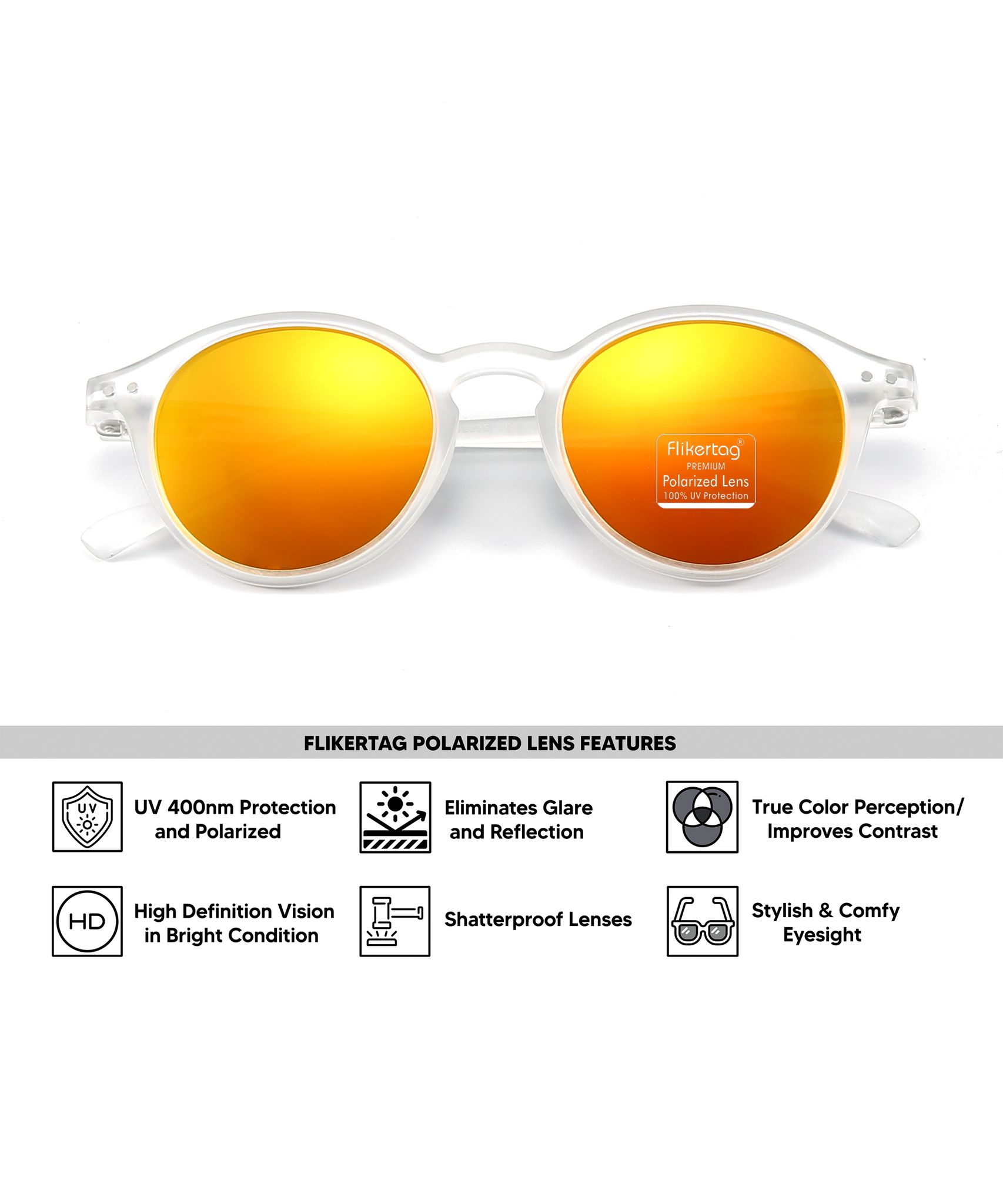 Flikertag Polarized Sunglasses With UV Protection For Men & Women | HD vision with Orange Lens [FTS 565 F3 Round Matte Transparent Frame with Orange lens, 50mm]