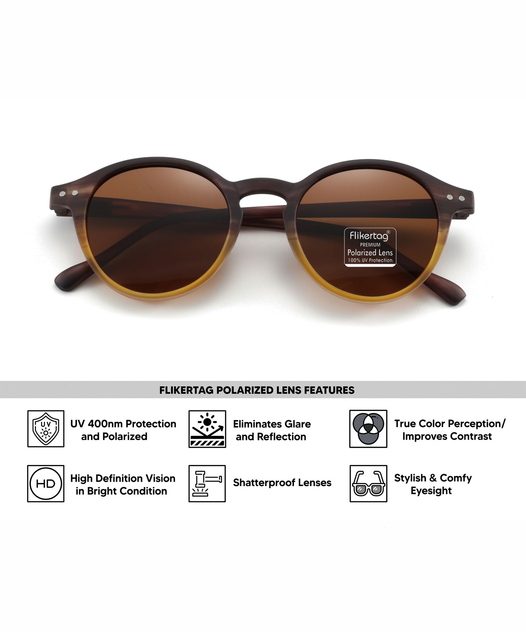 Flikertag Polarized Sunglasses With UV Protection For Men & Women | HD vision with Brown Lens [FTS 565 F4 Round Matte Multi Brown Frame with Brown lens, 50mm]