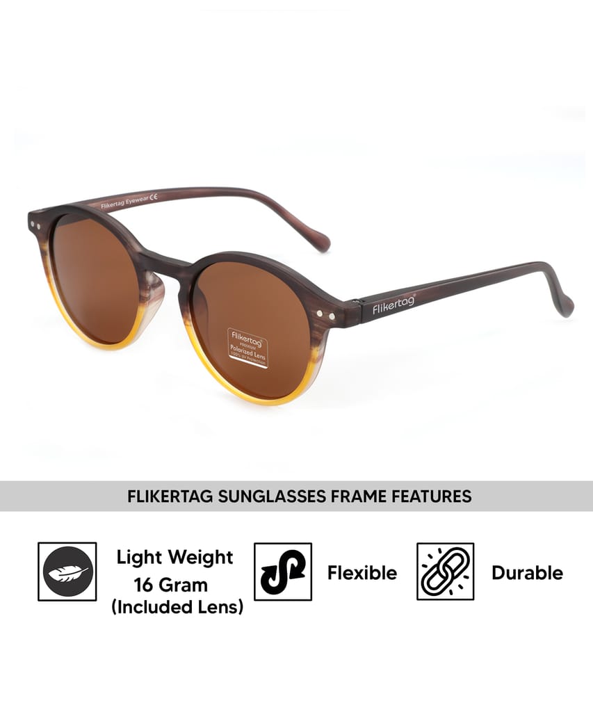 Flikertag Polarized Sunglasses With UV Protection For Men & Women | HD vision with Brown Lens [FTS 565 F4 Round Matte Multi Brown Frame with Brown lens, 50mm]