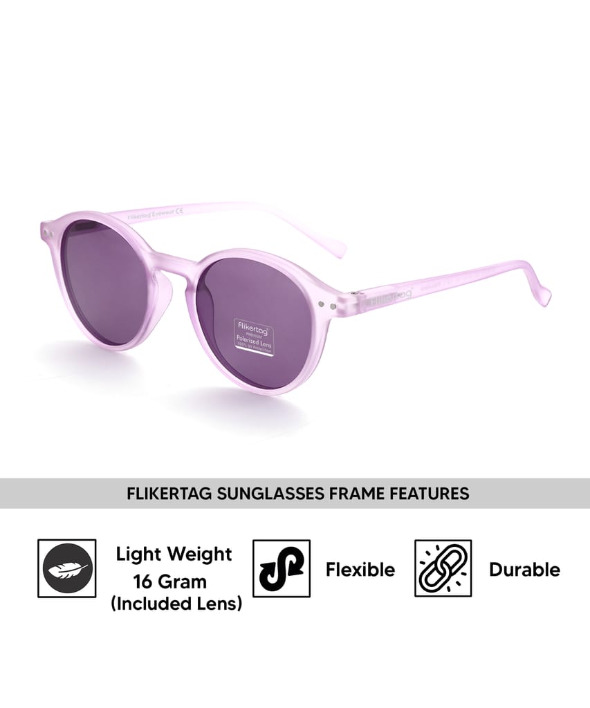 Flikertag Polarized Sunglasses With UV Protection For Men & Women | HD vision with Purple Lens [FTS 565 F5 Round Matte Transparent Purple Frame with Purple lens, 50mm]