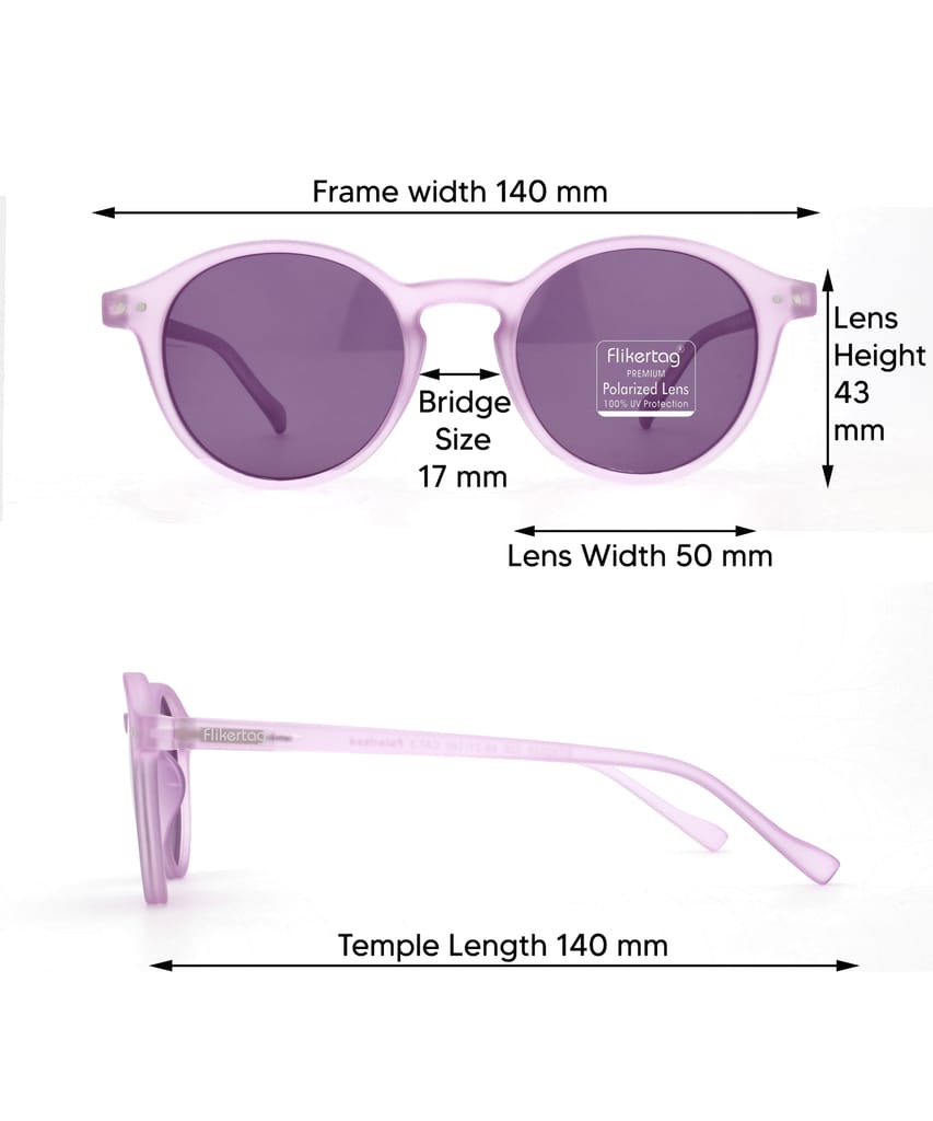 Flikertag Polarized Sunglasses With UV Protection For Men & Women | HD vision with Purple Lens [FTS 565 F5 Round Matte Transparent Purple Frame with Purple lens, 50mm]