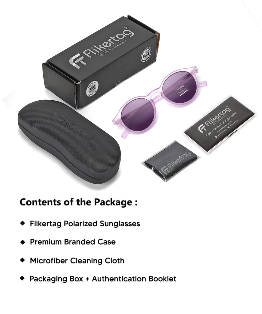 Flikertag Polarized Sunglasses With UV Protection For Men & Women | HD vision with Purple Lens [FTS 565 F5 Round Matte Transparent Purple Frame with Purple lens, 50mm]