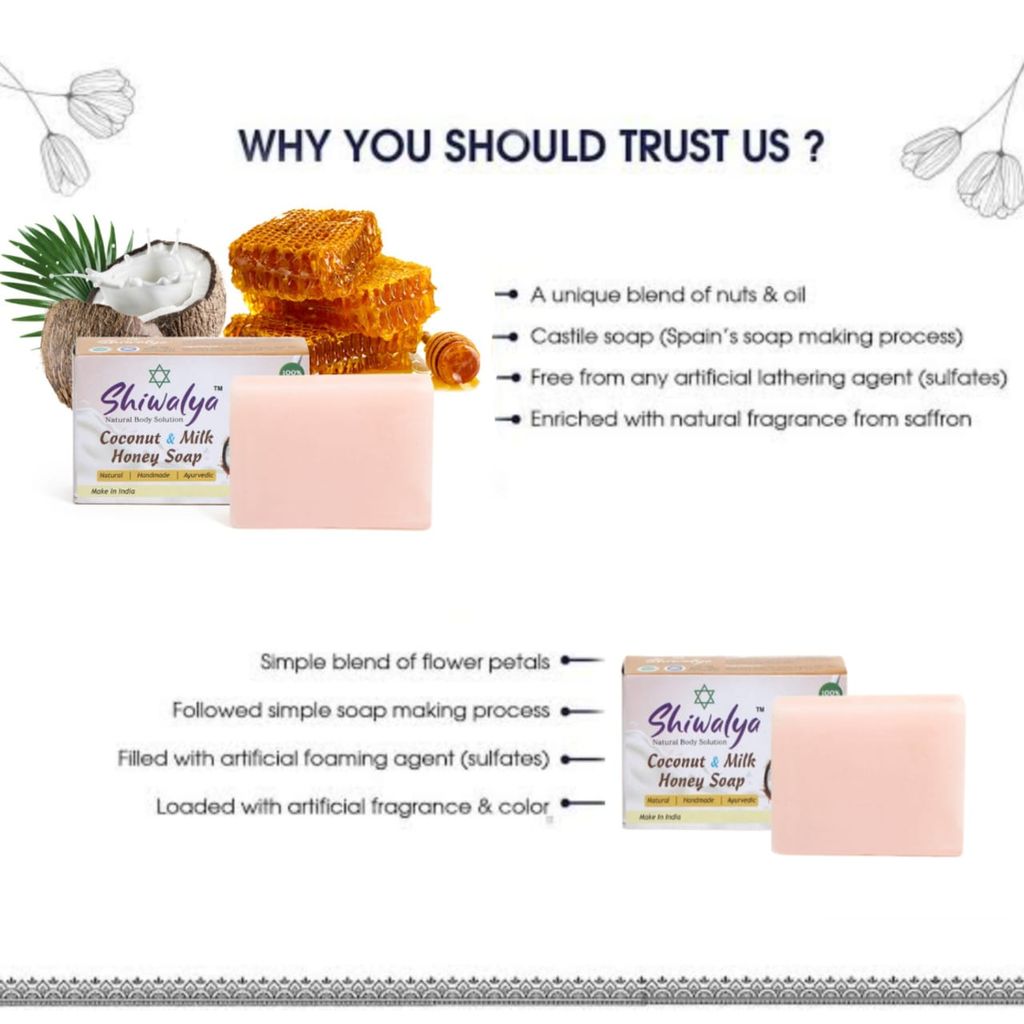 SHIWALYA Natural Coconut Honey Handmade Soap | Handmade Bathing Soap | Herbal Soap Soft & Radiant Skin | Suitable for All Skin Types Pack of 4