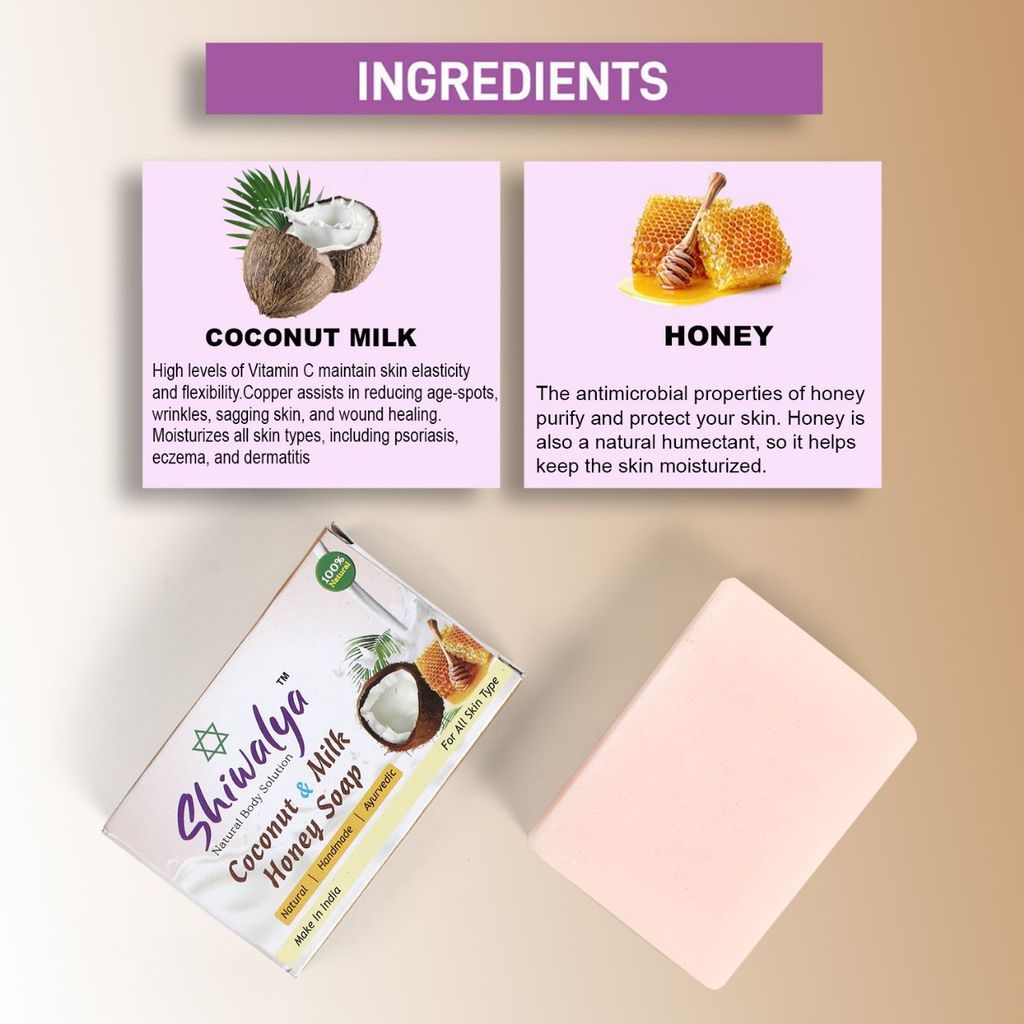 SHIWALYA Natural Coconut Honey Handmade Soap | Handmade Bathing Soap | Herbal Soap Soft & Radiant Skin | Suitable for All Skin Types Pack of 4