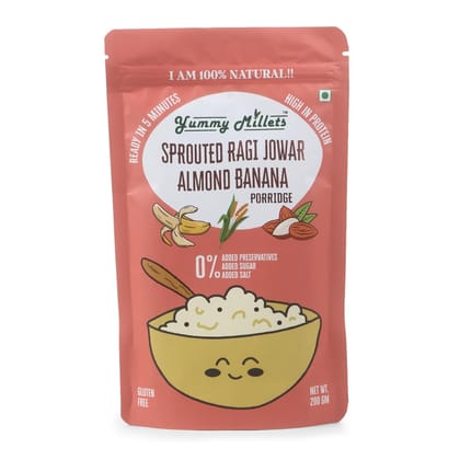 Yummy Millets Sprouted Ragi Jowar Almond Banana Porridge 100% Sprouted Ragi | Instant Cereal | No Refined Sugar | No Preservatives | Great for Travel(200gm)