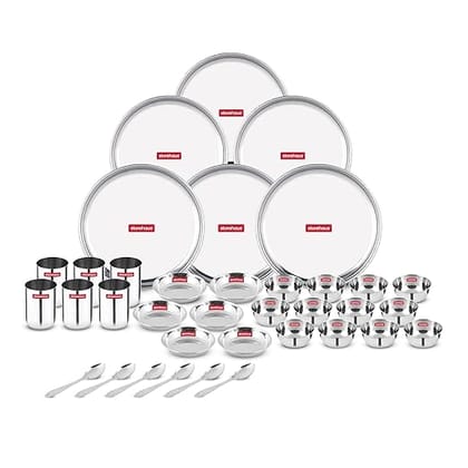 Storehaus 36 Pieces Smart Stainless Steel Dinnerware/Dinner Set - 6 Thali, 6 Halwa Plate, 12 Bowl, 6 Glass, 6 Spoon, Kitchen Set for Home & Restaurants, Family - Silver
