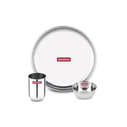 Storehaus Stainless Steel 1 Thali+1 Katori+ 1 Glass Kitchenware Set Ideal for Home, Restaurants and Family Use, Silver
