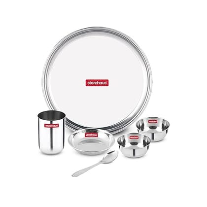 Storehaus 6 Pieces Smart Stainless Steel Dinnerware/Dinner Set - 1 Thali, 1 Halwa Plate, 2 Bowl, 1 Glass, 1 Spoon, Kitchen Set for Home, Restaurants, Family - Silver Storehaus 6 Pieces Smart Stainless Steel Dinnerware/Dinner Set - 1 Thali, 1 Halwa Plate, 2 Bowl, 1 Glass, 1 Spoon, Kitchen Set for Home, Restaurants, Family - Silver