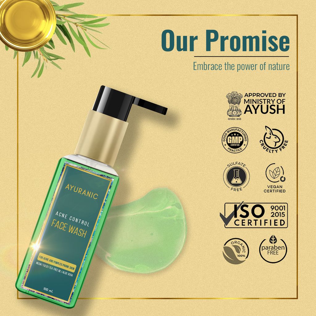 Ayuranic Acne Control Ayurvedic Face Wash for Acne & Pimples Skin | Enriched With Neem, Tulsi, Tea Tree Oil, and Aloe Vera | Approved by Ministry of Ayush | (11 Natural Herbs, 100ml)