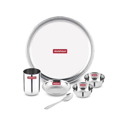 Storehaus Stainless Steel 6 pc (1 Thali+2 Katori+1glass+1 Spoon+1 Halwa Plate) Kitchenware Set Ideal for Home, Restaurants and Family Use, Silver Storehaus Stainless Steel 6 pc (1 Thali+2 Katori+1glass+1 Spoon+1 Halwa Plate) Kitchenware Set Ideal for Home, Restaurants and Family Use, Silver