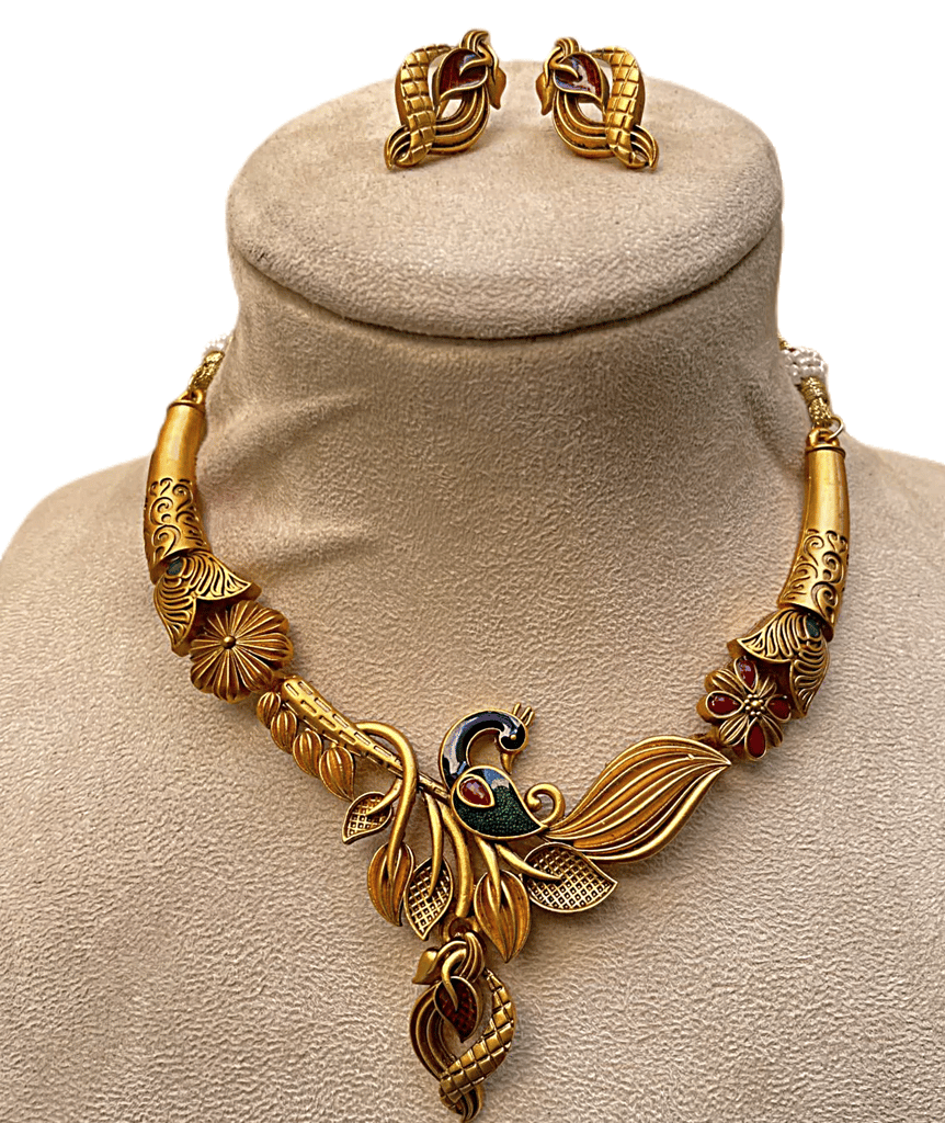Laxzor Inc | Brass | Meenakari | Peacock | Antique Matt | Polish | Necklace & Earrings | Luxury Items | Representing | Theatre Art Culture