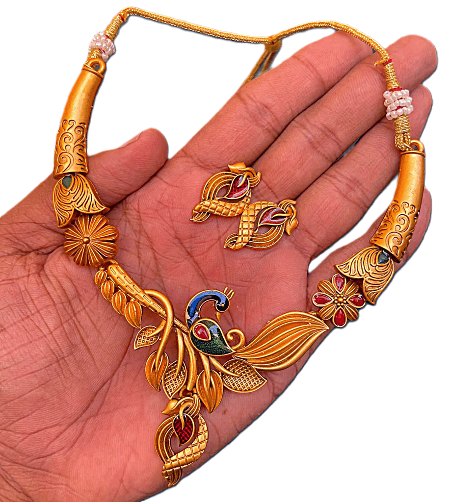 Laxzor Inc | Brass | Meenakari | Peacock | Antique Matt | Polish | Necklace & Earrings | Luxury Items | Representing | Theatre Art Culture