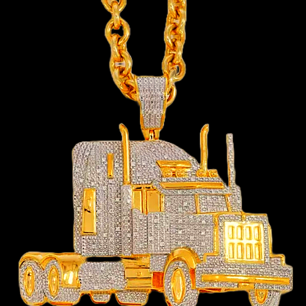 Laxzor Inc | Brass | Big Pendant Trucking | Hauling | Automotive | Men Jewelry | Gold-Plated | Brass with Cubic Zirconia | Transformer | Optimus Prime