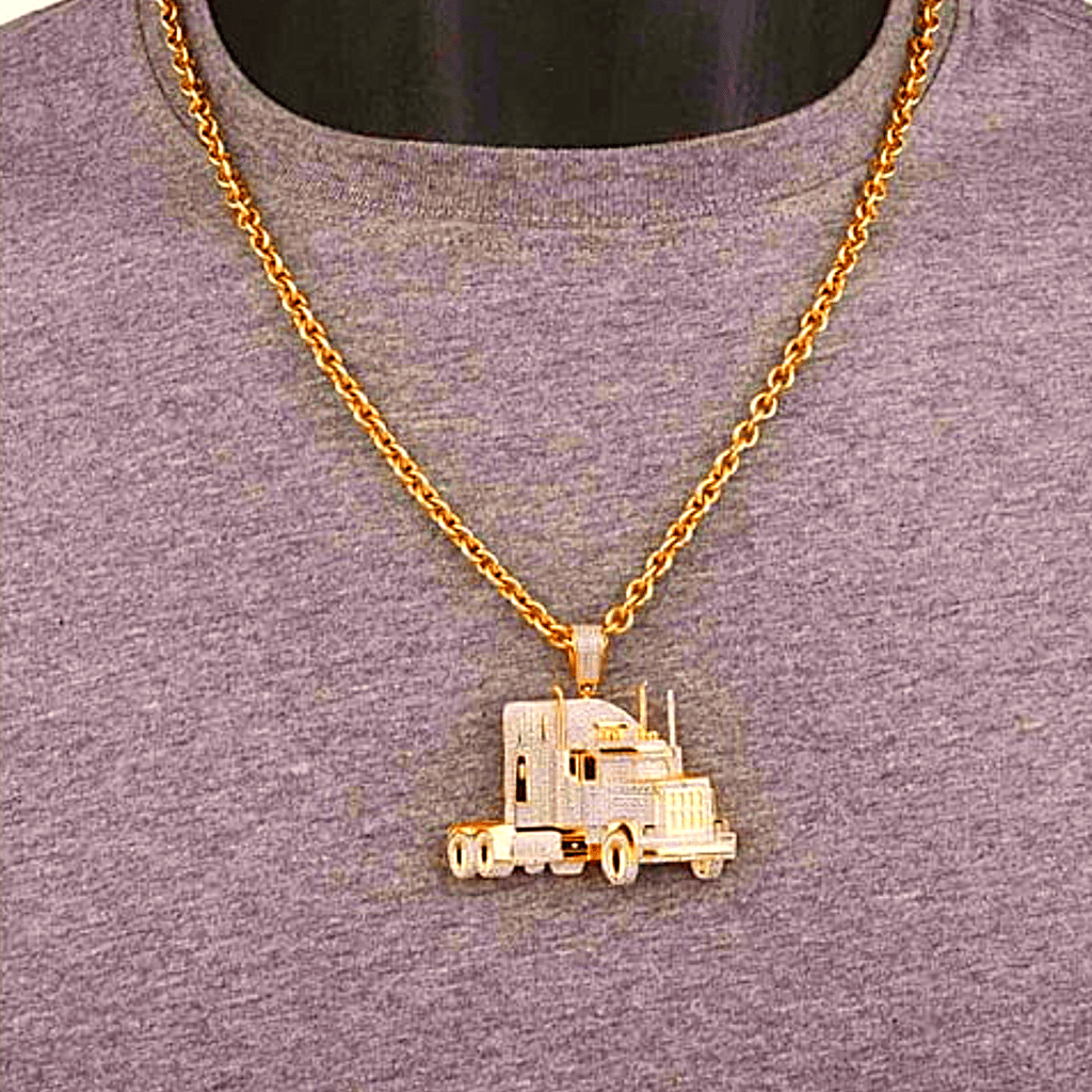 Laxzor Inc | Brass | Big Pendant Trucking | Hauling | Automotive | Men Jewelry | Gold-Plated | Brass with Cubic Zirconia | Transformer | Optimus Prime