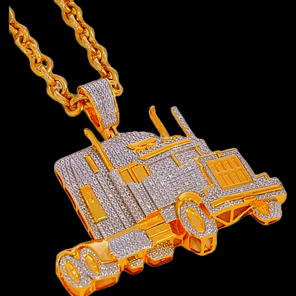 Laxzor Inc | Brass | Big Pendant Trucking | Hauling | Automotive | Men Jewelry | Gold-Plated | Brass with Cubic Zirconia | Transformer | Optimus Prime