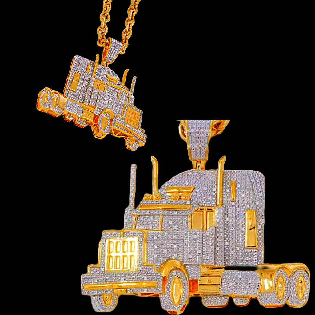 Laxzor Inc | Brass | Big Pendant Trucking | Hauling | Automotive | Men Jewelry | Gold-Plated | Brass with Cubic Zirconia | Transformer | Optimus Prime