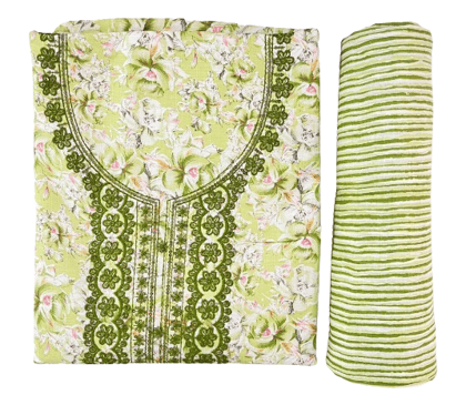 Fashion Factory hld Women's Cotton Printed Neck Embroidered Unstitched 2.5 Meter Suit Piece, 2.5 Meter Bottom With 2.5 Dupatta Colour Green