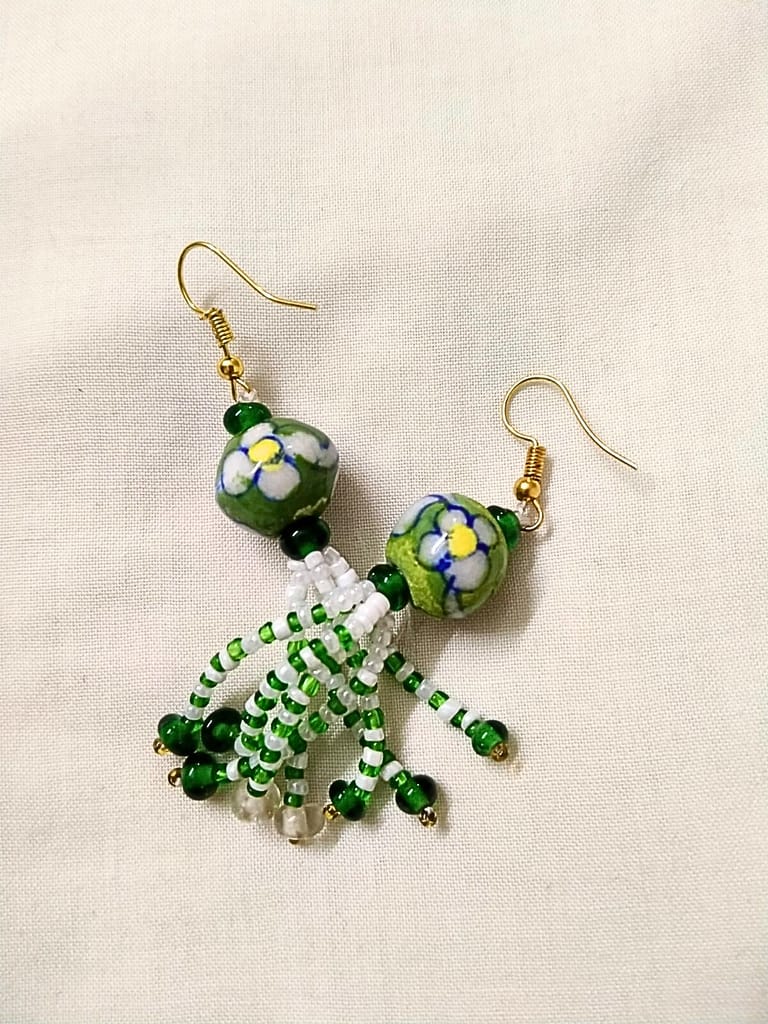 Blue Pottery Tassel Earrings-(ER-04)