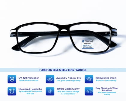 Flikertag Blue Cut Computer Glasses for Eye Protection | Zero Power Blue Light Filter Glasses With UV Protection | Anti Glare Specs for Men & Women [FTF202 F1 Rectangle Glossy Black Frame, 52mm]