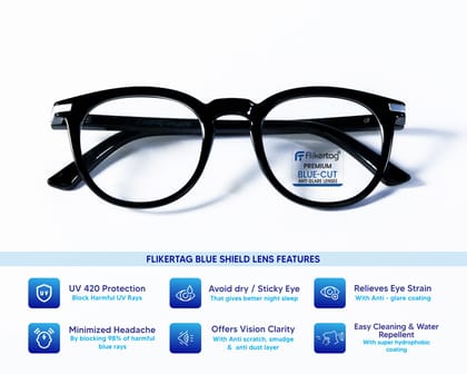 Flikertag Blue Cut Computer Glasses for Eye Protection | Zero Power Blue Light Filter Glasses With UV Protection | Anti Glare Specs for Women [FTF203 F1 Round Glossy Black Frame, 48mm]