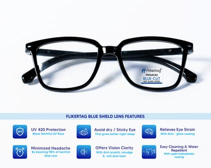 Flikertag Blue Cut Computer Glasses for Eye Protection | Zero Power Blue Light Filter Glasses With UV Protection | Anti Glare Specs for Men & Women [FTF204 F1 Square Glossy Black Frame, 51mm]