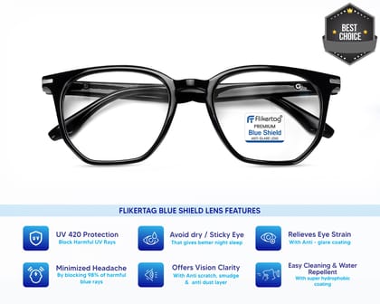 Flikertag Blue Cut Computer Glasses for Eye Protection | Zero Power Blue Light Filter Glasses With UV Protection | Anti Glare Specs for Men & Women [FTF205 F1 Wayfarer Glossy Black Frame, 52mm]