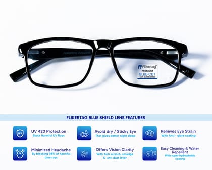 Flikertag Blue Cut Computer Glasses for Eye Protection | Zero Power Blue Light Filter Glasses With UV Protection | Anti Glare Specs for Men & Women [FTF206 F1 Rectangle Glossy Black Frame, 50mm]