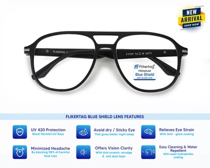 Flikertag Blue Cut Computer Glasses for Eye Protection | Zero Power Blue Light Filter Glasses With UV Protection | Anti Glare Specs for Men [FTF207 F1 Aviator Matte Black Frame, 54mm]