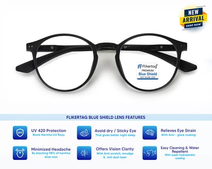 Flikertag Blue Cut Computer Glasses for Eye Protection | Zero Power Blue Light Filter Glasses With UV Protection | Anti Glare Specs for Men & Women [FTF210 F1 Round Matte Black Frame, 49mm]